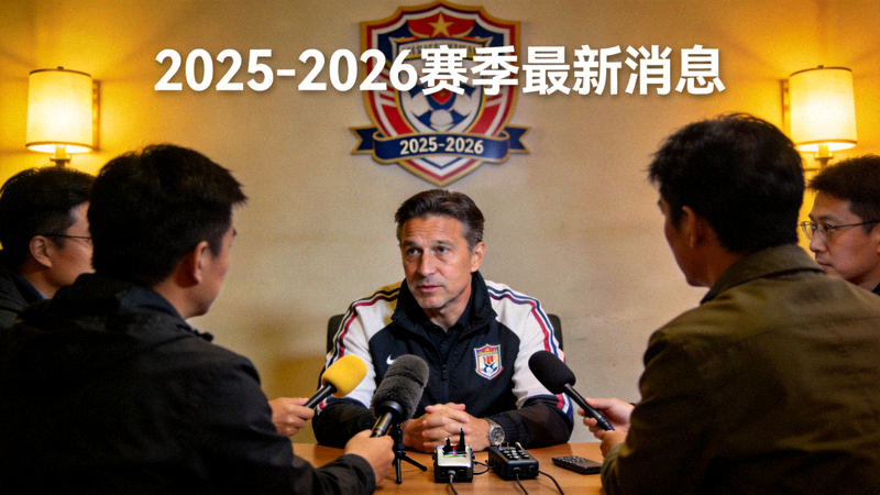 新闻发布会上教练正在接受媒体采访，背景为球队队徽，2025-2026赛季最新消息